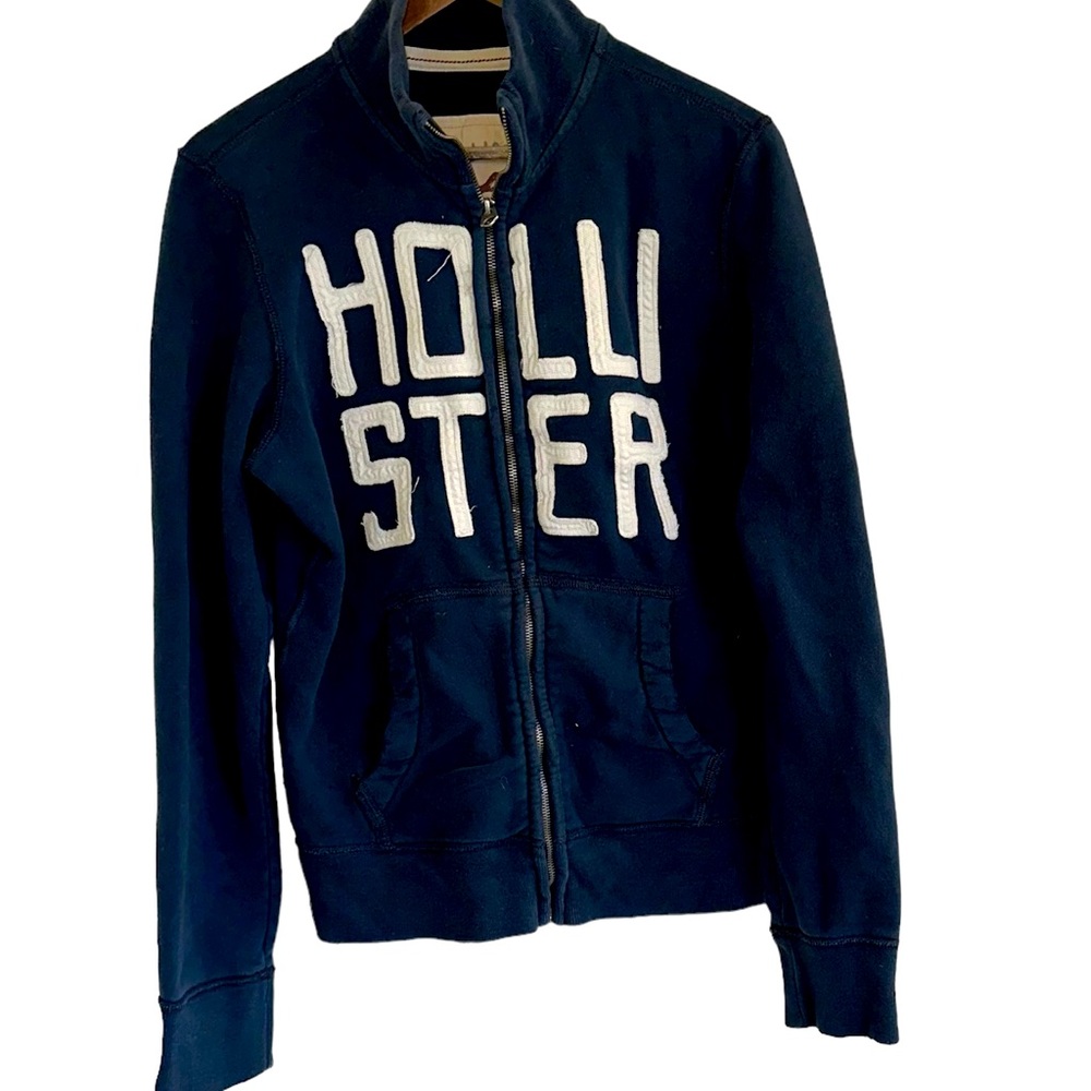 Hollister navy zippered jacket big lettering women, medium